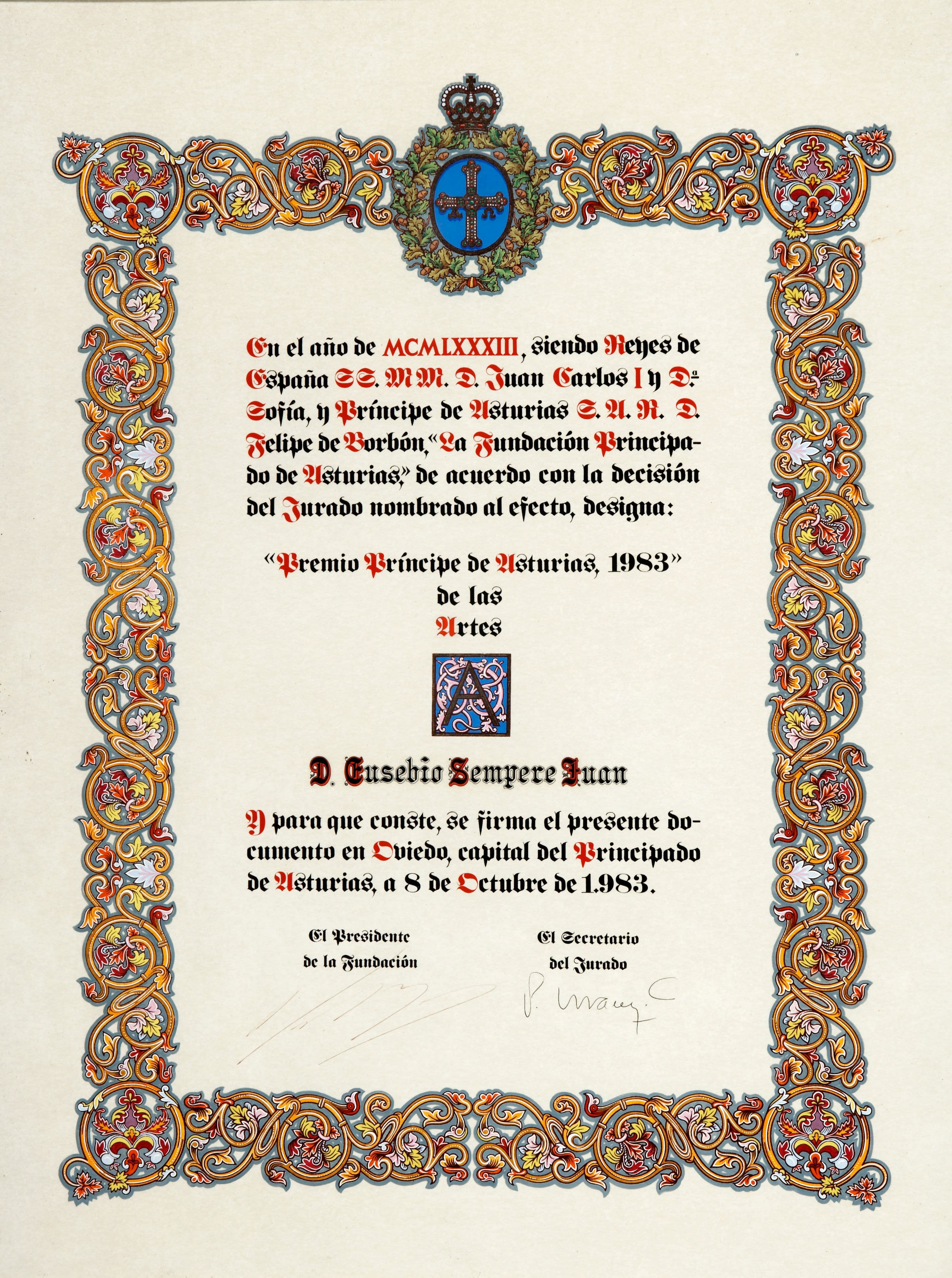 Premio Príncipe de Asturias a Eusebio Sempere 1983