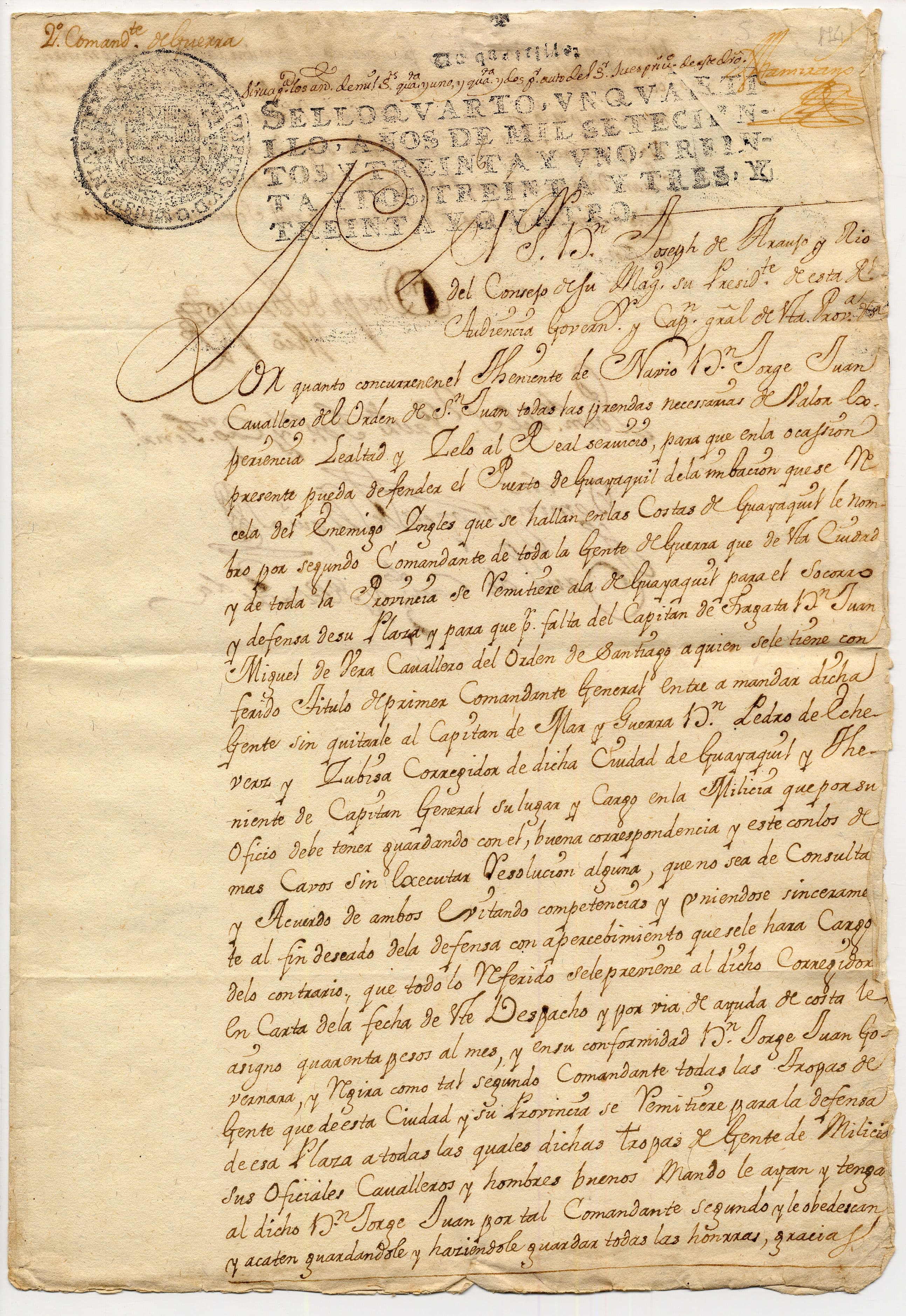 Nombramiento de Segundo Comandante de las tropas de Gente de Guayaquil