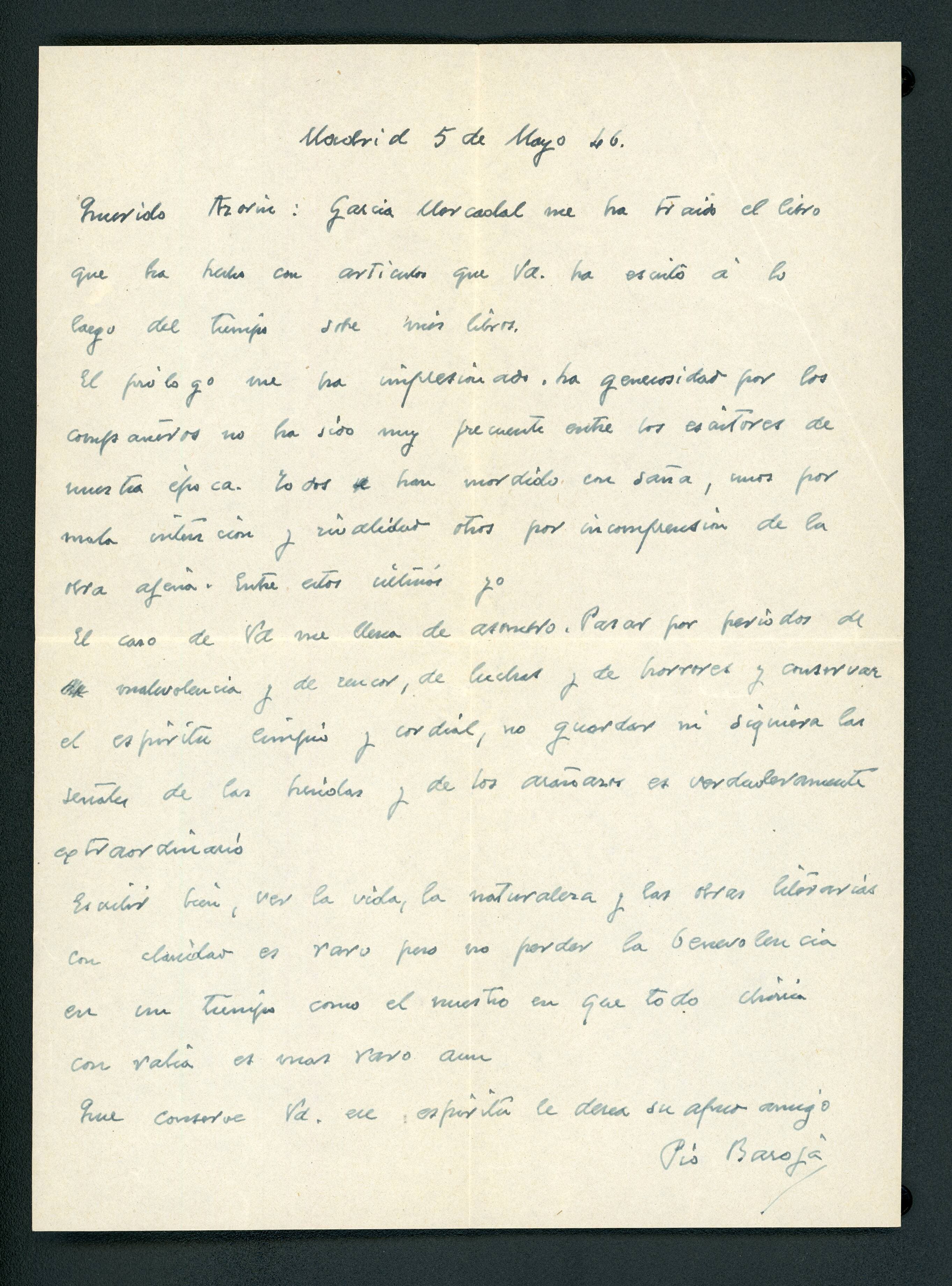 Carta de Pío Baroja a José Martínez Ruíz