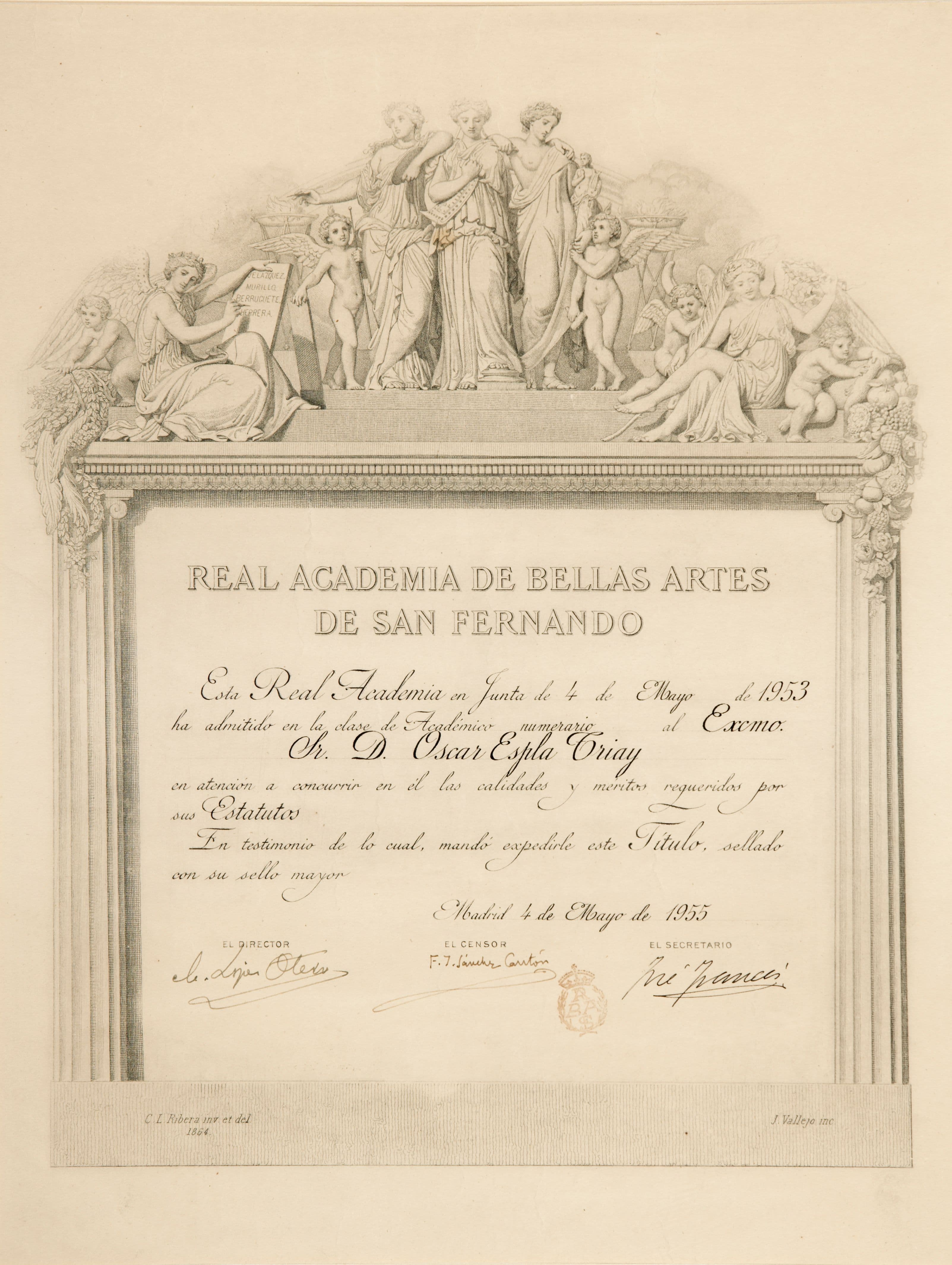 Título de admisión en la Real Academia de Bellas Artes de San Fernando