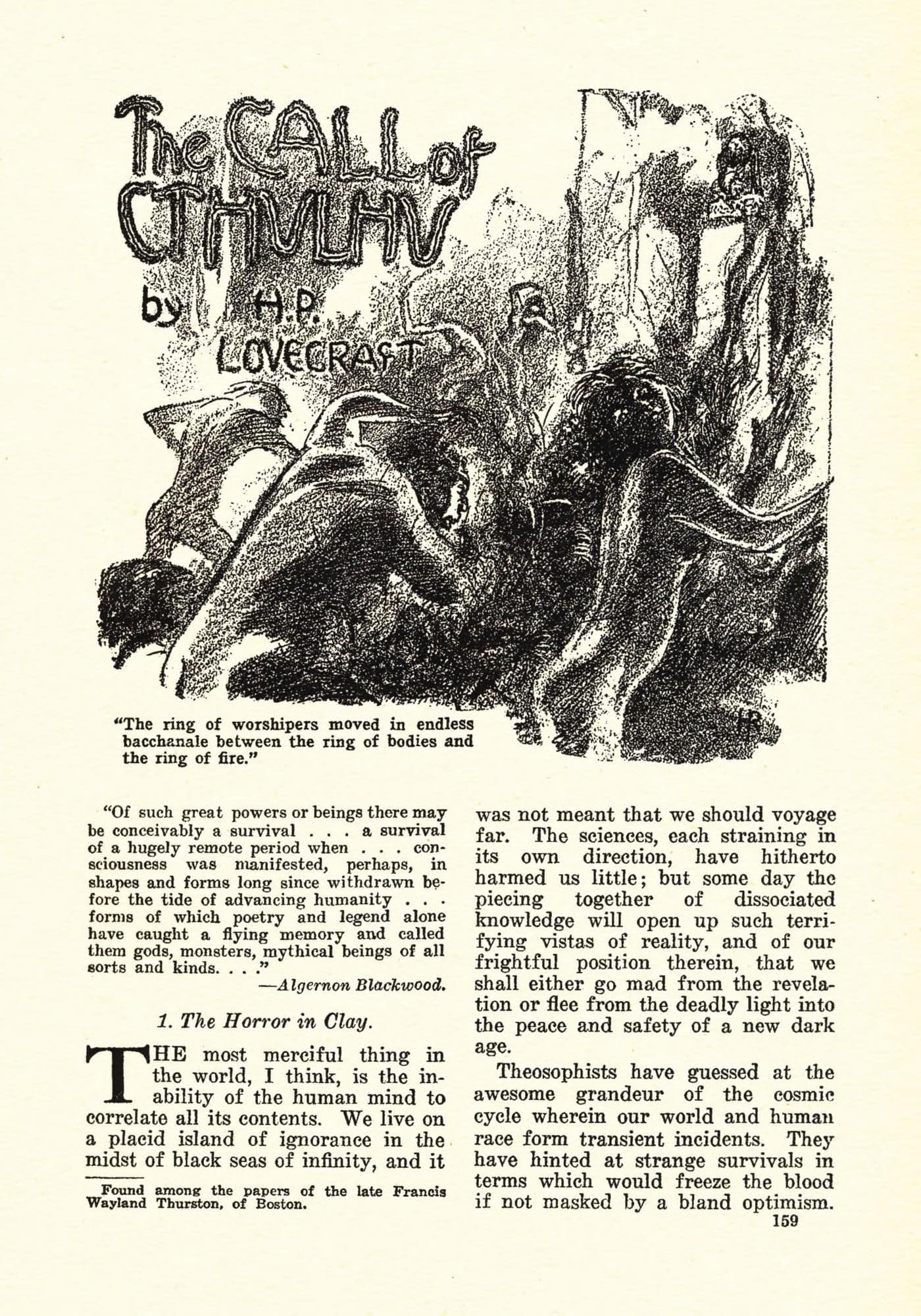 Hugh Doak Rankin, ilustración para La llamada de Cthulhu, publicada en la revista Weird Tales, febrero de 1928.